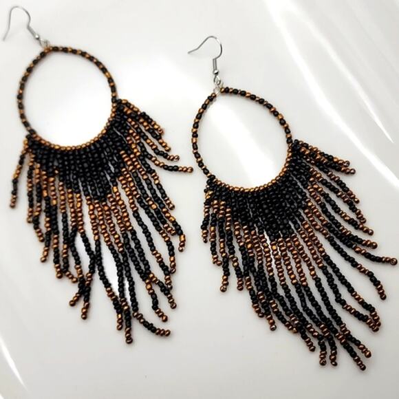 Black Boho Beaded Hoop Earrings - Picture 1 of 3